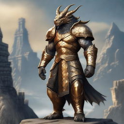 A majestic male Dragonborn with gold scales, standing tall and proud