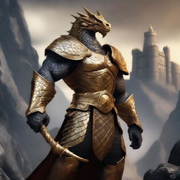 A majestic male Dragonborn with gold scales, standing tall and proud