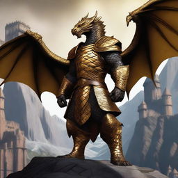 A majestic male Dragonborn with gold scales, standing tall and proud