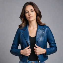 A woman adorning a chic dark blue leather jacket, full of style and grace