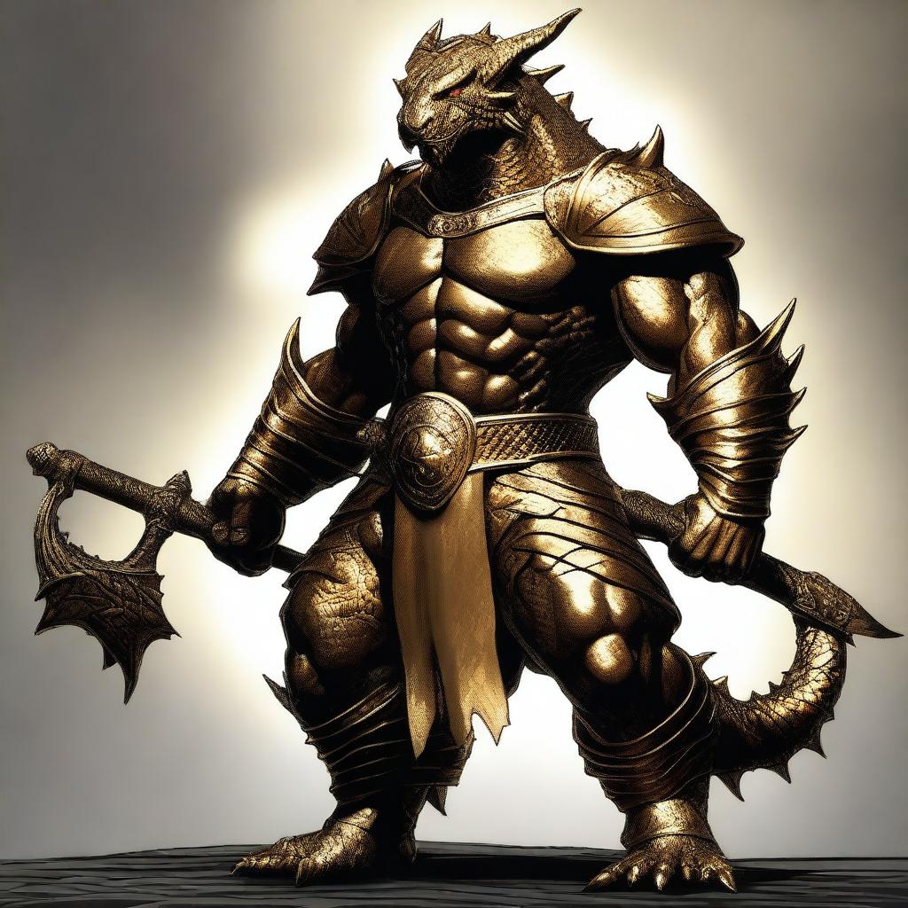 A gold Dragonborn from Dungeons and Dragons with a muscular body, standing confidently with scales glistening in the light