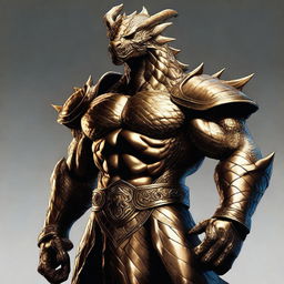 A gold Dragonborn from Dungeons and Dragons with a muscular body, standing confidently with scales glistening in the light