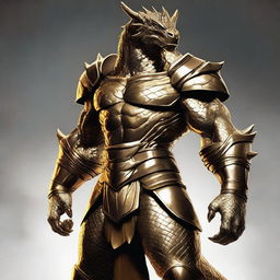 A gold Dragonborn from Dungeons and Dragons with a muscular body, standing confidently with scales glistening in the light