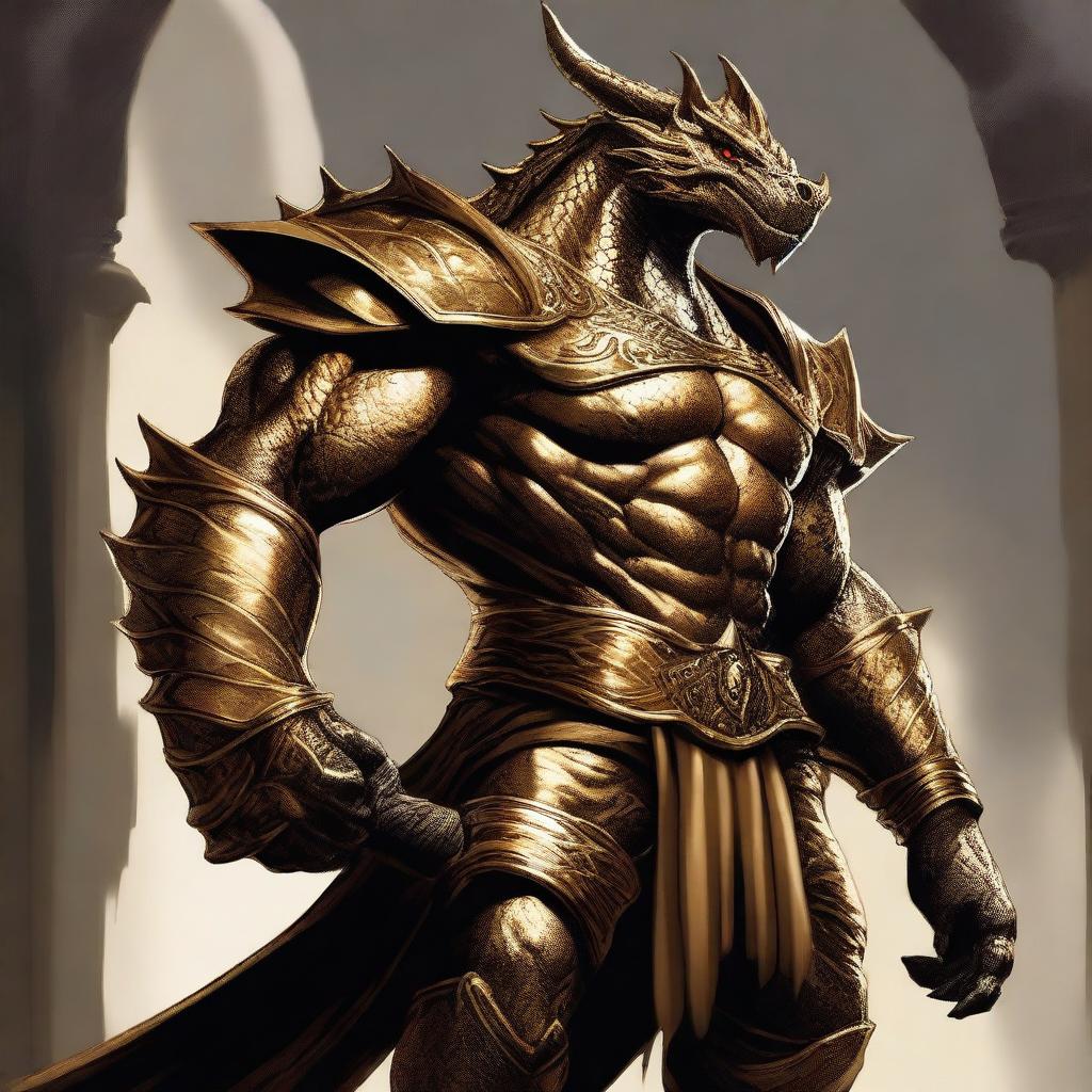 A gold Dragonborn from Dungeons and Dragons with a muscular body, standing confidently with scales glistening in the light