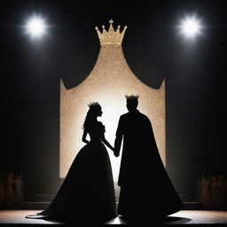 A 3D silhouette of a young king and queen standing regally on a stage. Their crowns and royal attire create an imposing, regal silhouette against the backdrop of the brilliantly lit stage.