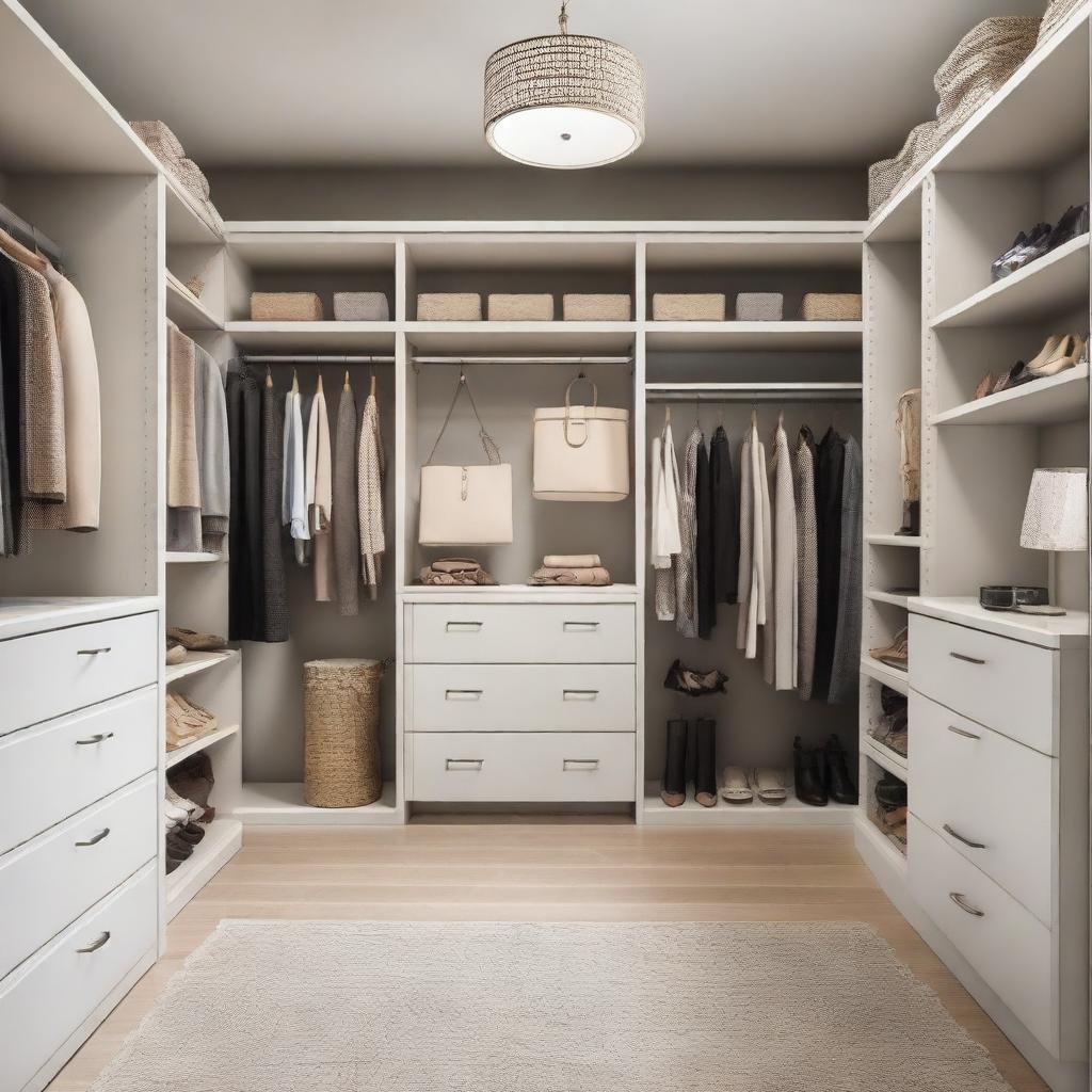 A stylish and organized closet with neatly arranged clothes, shoes, and accessories