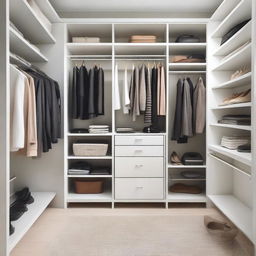 A stylish and organized closet with neatly arranged clothes, shoes, and accessories