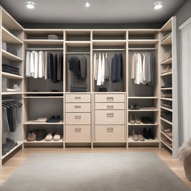 A stylish and organized closet with neatly arranged clothes, shoes, and accessories