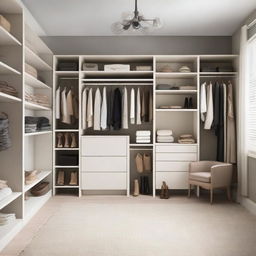 A stylish and organized closet with neatly arranged clothes, shoes, and accessories