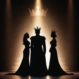 A 3D silhouette of a young king and queen standing regally on a stage. Their crowns and royal attire create an imposing, regal silhouette against the backdrop of the brilliantly lit stage.