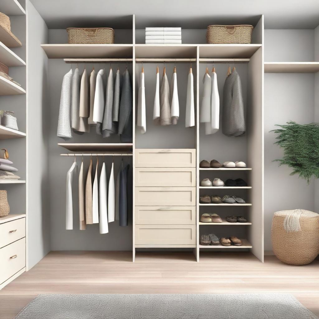 A stylish and organized closet with neatly arranged clothes, shoes, and accessories