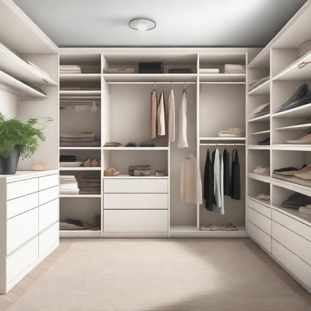 A stylish and organized closet with neatly arranged clothes, shoes, and accessories