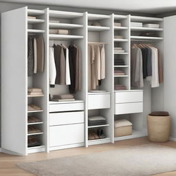 A stylish and organized closet with neatly arranged clothes, shoes, and accessories