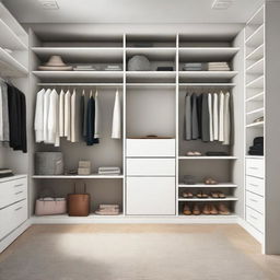 A stylish and organized closet with neatly arranged clothes, shoes, and accessories