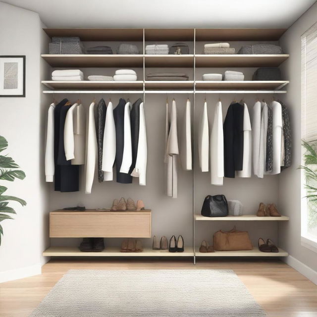 A stylish and organized closet with neatly arranged clothes, shoes, and accessories