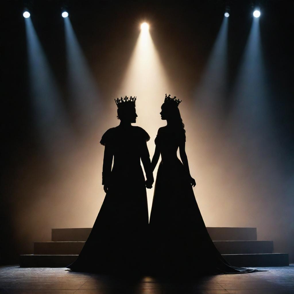 A 3D silhouette of a young king and queen standing regally on a stage. Their crowns and royal attire create an imposing, regal silhouette against the backdrop of the brilliantly lit stage.