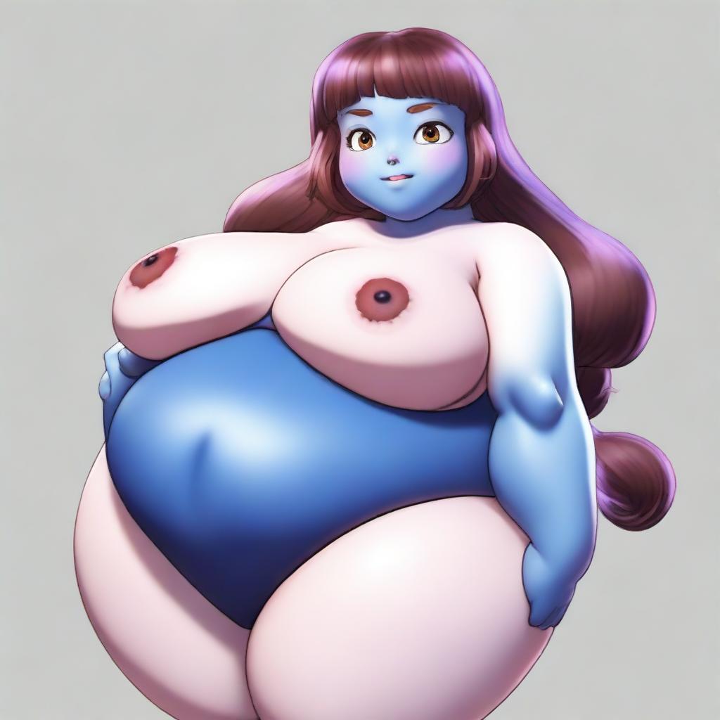 A realistic depiction of Ochaco Uraraka with blue skin, transforming into a blueberry