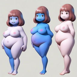 A realistic depiction of Ochaco Uraraka with blue skin, transforming into a blueberry