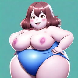 A realistic depiction of Ochaco Uraraka with blue skin, transforming into a blueberry