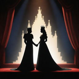 A 3D silhouette of a young king and queen standing regally on a stage. Their crowns and royal attire create an imposing, regal silhouette against the backdrop of the brilliantly lit stage.