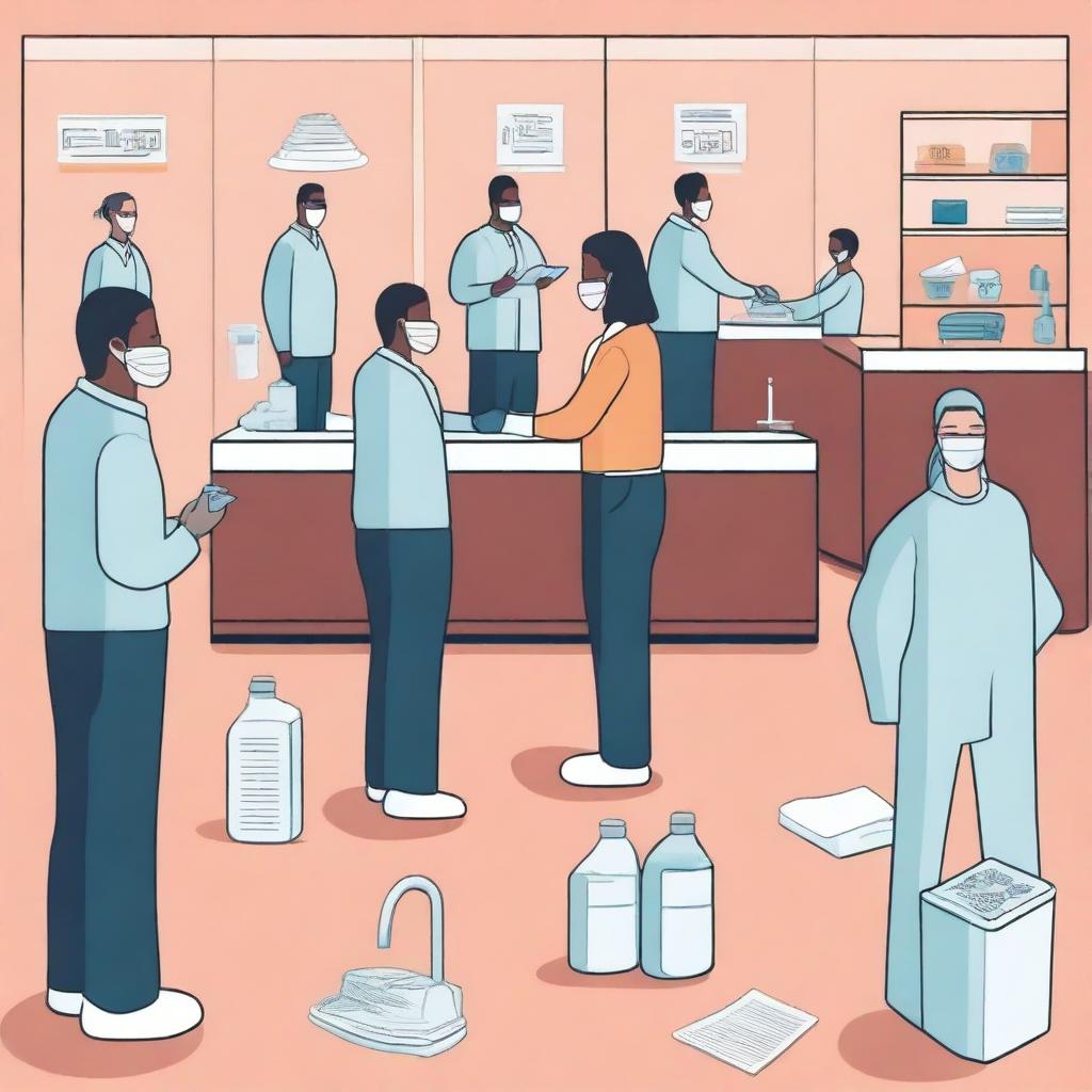 A detailed illustration of individual and collective protective equipment in a hotel setting