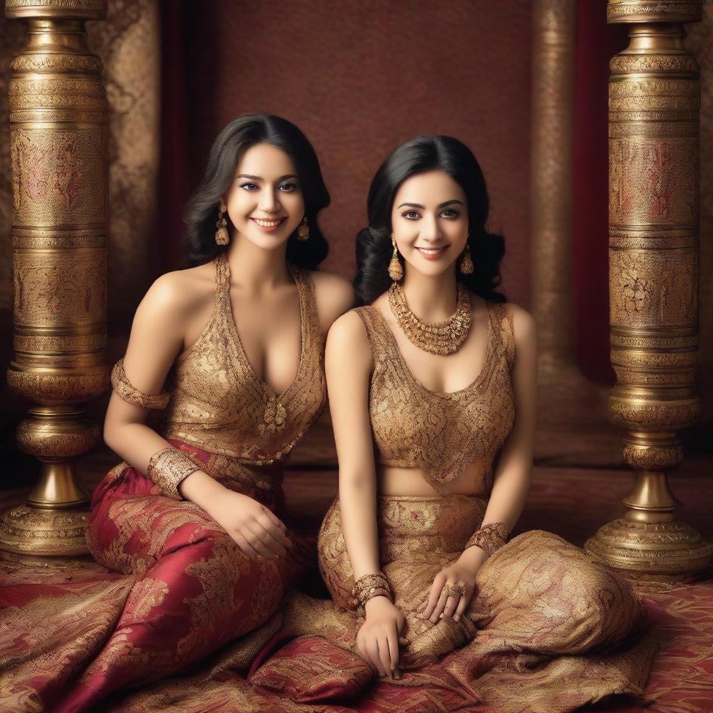 Two beautiful women smiling in a luxurious harem scene, adorned with elegant clothing and intricate jewelry, set against a backdrop of lavish decor, soft cushions, and rich tapestries