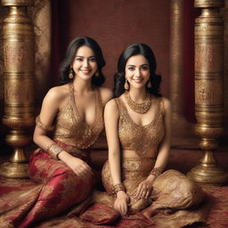 Two beautiful women smiling in a luxurious harem scene, adorned with elegant clothing and intricate jewelry, set against a backdrop of lavish decor, soft cushions, and rich tapestries