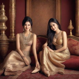 Two beautiful women smiling in a luxurious harem scene, adorned with elegant clothing and intricate jewelry, set against a backdrop of lavish decor, soft cushions, and rich tapestries