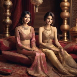 Two beautiful women smiling in a luxurious harem scene, adorned with elegant clothing and intricate jewelry, set against a backdrop of lavish decor, soft cushions, and rich tapestries