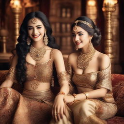 Two beautiful women smiling in a luxurious harem scene, adorned with elegant clothing and intricate jewelry, set against a backdrop of lavish decor, soft cushions, and rich tapestries