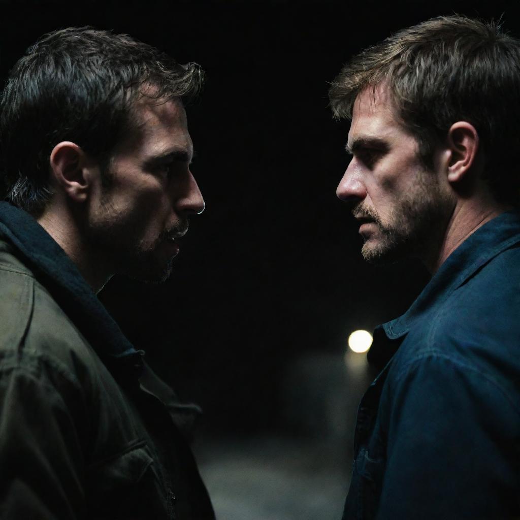 Two men standing face to face in an intense standoff. Each with a gun pointed at the other, expressions filled with determination and hostility. Their faces remain void of emotion, as dark as the night itself.