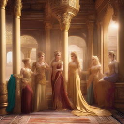 A scene depicting a harem full of beautiful women, all with blonde hair and smiling