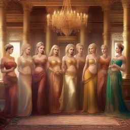 A scene depicting a harem full of beautiful women, all with blonde hair and smiling