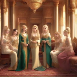 A scene depicting a harem full of beautiful women, all with blonde hair and smiling