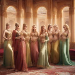 A scene depicting a harem full of beautiful women, all with blonde hair and smiling