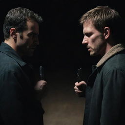 Two men standing face to face in an intense standoff. Each with a gun pointed at the other, expressions filled with determination and hostility. Their faces remain void of emotion, as dark as the night itself.