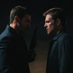 Two men standing face to face in an intense standoff. Each with a gun pointed at the other, expressions filled with determination and hostility. Their faces remain void of emotion, as dark as the night itself.