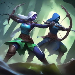 An epic battle scene between Drow Ranger and Tidehunter from Dota 2