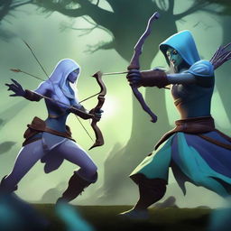 An epic battle scene between Drow Ranger and Tidehunter from Dota 2