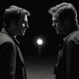 Two men standing face to face in an intense standoff. Each with a gun pointed at the other, expressions filled with determination and hostility. Their faces remain void of emotion, as dark as the night itself.