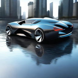 A sleek, futuristic sports car designed with advanced technology, resembling a mix between a Formula 1 racing car, a Tron bike, and elements from Avatar