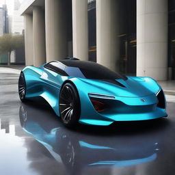 A sleek, futuristic sports car designed with advanced technology, resembling a mix between a Formula 1 racing car, a Tron bike, and elements from Avatar