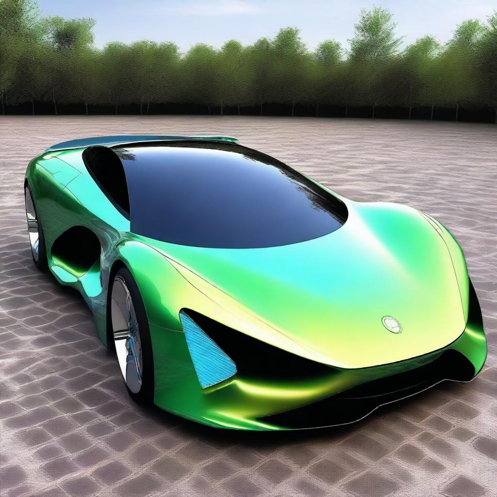 A sleek, futuristic sports car designed with advanced technology, resembling a mix between a Formula 1 racing car, a Tron bike, and elements from Avatar