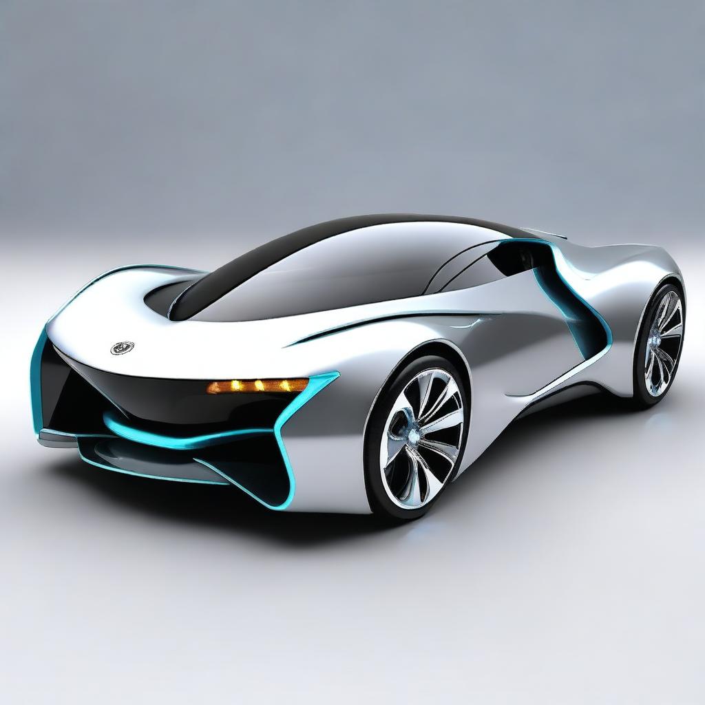 A sleek, futuristic sports car designed with advanced technology, resembling a mix between a Formula 1 racing car, a Tron bike, and elements from Avatar