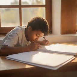 A character is doodling letters in a notebook, with the soft glow of an afternoon sun peeking through a nearby window