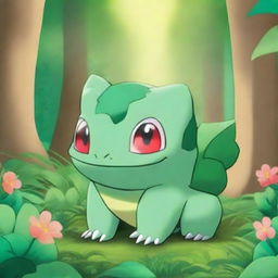 A detailed and vibrant image of Bulbasaur, the grass-type Pokémon, in a lush forest setting