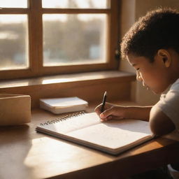 A character is doodling letters in a notebook, with the soft glow of an afternoon sun peeking through a nearby window