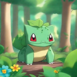 A detailed and vibrant image of Bulbasaur, the grass-type Pokémon, in a lush forest setting