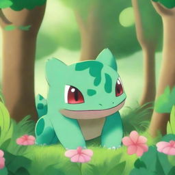 A detailed and vibrant image of Bulbasaur, the grass-type Pokémon, in a lush forest setting