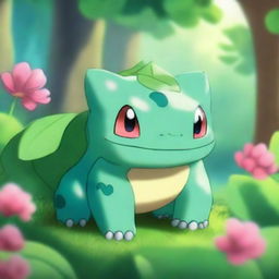 A detailed and vibrant image of Bulbasaur, the grass-type Pokémon, in a lush forest setting